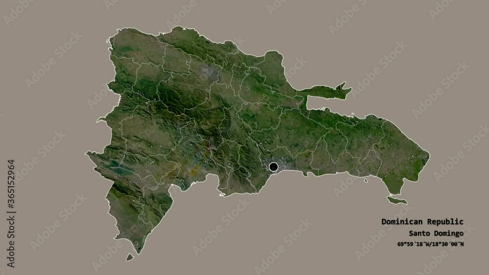 Monte Cristi, province of Dominican Republic, with its capital, localized, outlined and zoomed with informative overlays on a satellite map in the Stereographic projection. Animation 3D Monte Cristi, province of Dominican Republic, with its capital, localized, outlined and zoomed with informative overlays on a satellite map in the Stereographic projection. Animation 3D