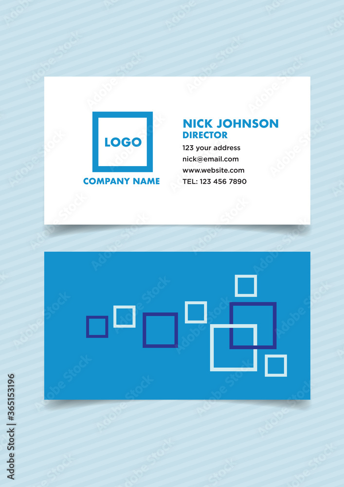 Business card template commercial design with squares in white and blue.