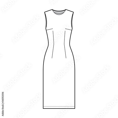 Sheath dress technical fashion illustration with fitted body, oval neck, sleeveless, pencil fullness, knee length. Flat apparel template front, white color. Women, men unisex CAD mockup