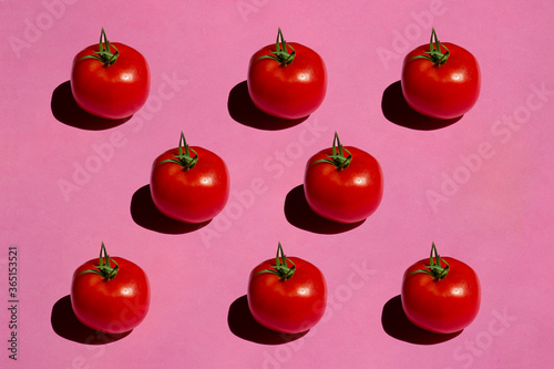 Tomato isolated on pink background. Still life photography.