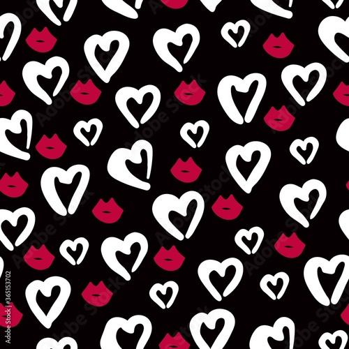 Seamless pattern of black hearts and red lips. Scarlet lips. Heart pattern. Ink illustration. Hand-drawn doodle seamless pattern with hearts and red lips. Seamless background with hearts.