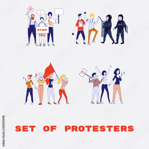 Big set of protesting people holding banners and placards. Men and women characters on political meeting  parade or rally. Group of male and protesters or activists. . Vector cartoon line 