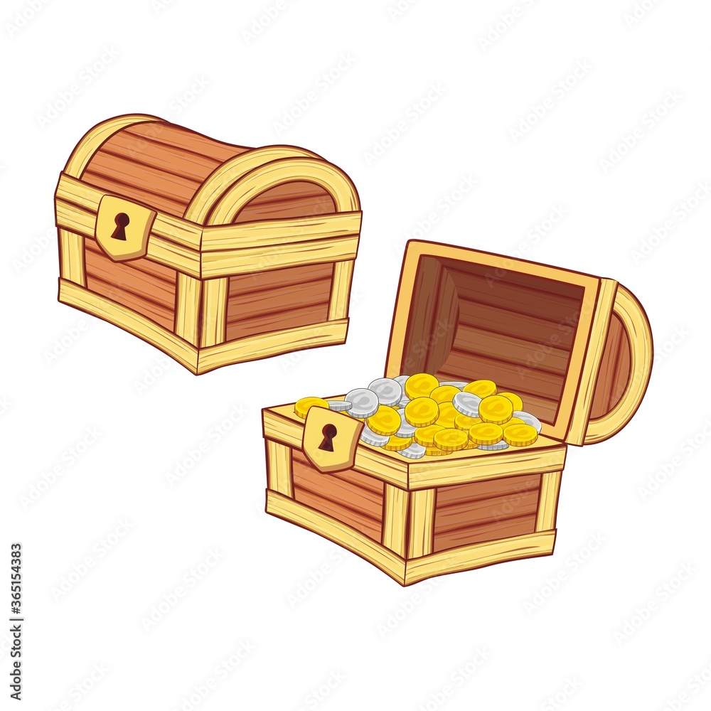 Wooden Chest set for game interface, closed and opened with coins Wooden Chest set for game interface, closed and opened with coins