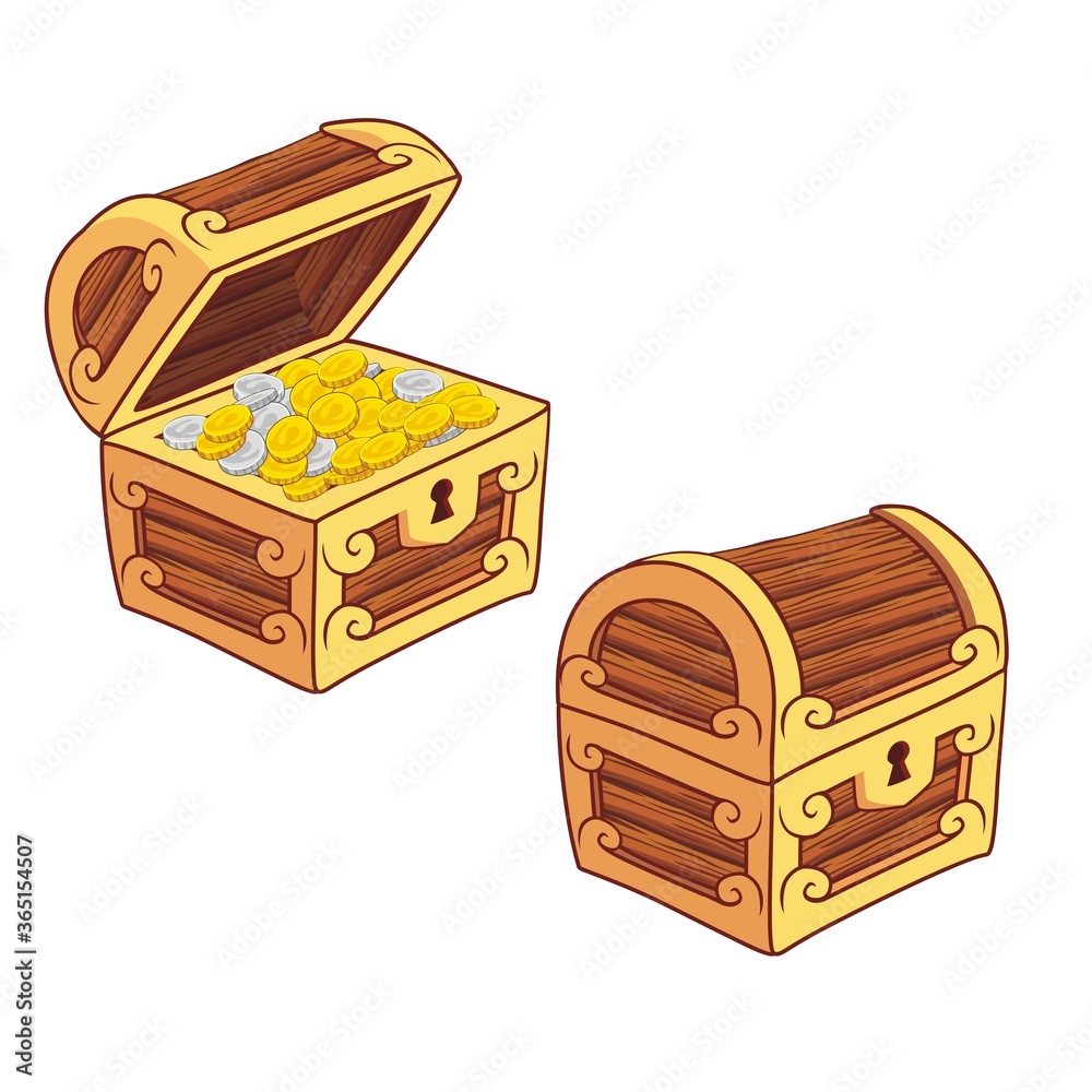 Wooden Chest set for game interface, closed and opened with coins Wooden Chest set for game interface, closed and opened with coins