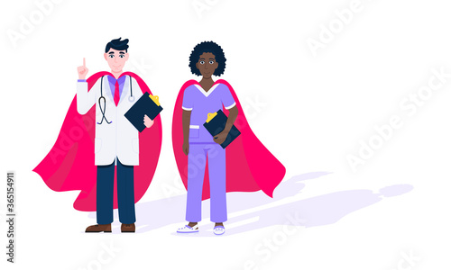 Two doctors with hero cape behind hospital medical employee fight against diseases and viruses on frontline flat style design vector illustration. Doctor physician medical clinic staff new hero.