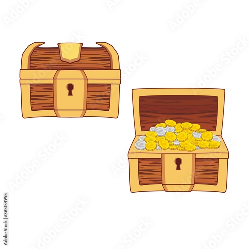 Wooden Chest set for game interface, closed and opened with coins