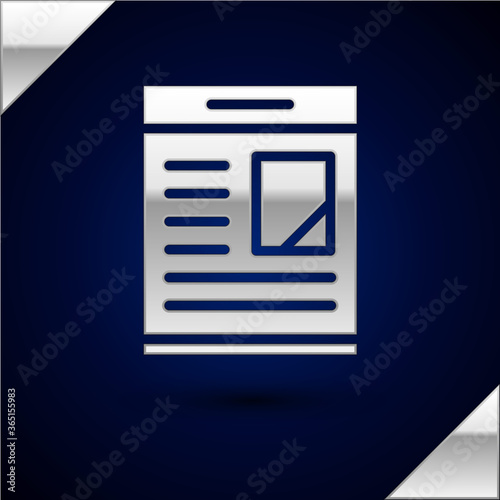 Silver Newspaper advertisement displaying obituaries icon isolated on dark blue background. Vector.