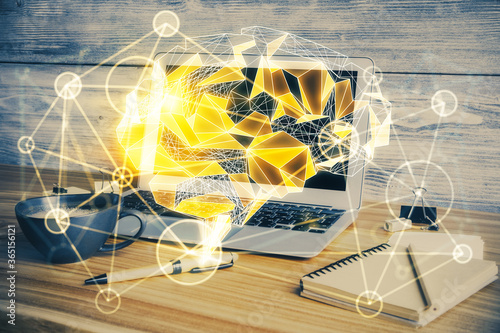 Double exposure of desktop computer and human brain drawing hologram. Ai concept.