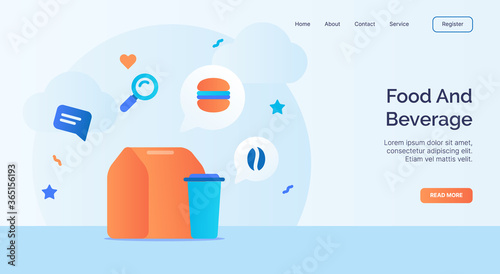 Food and beverage icon campaign for web website home homepage landing template banner with cartoon flat style.