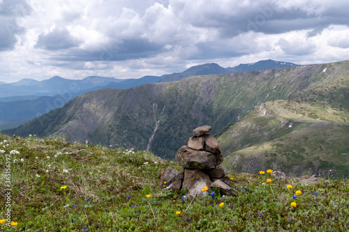 Cairn on the background of mountains