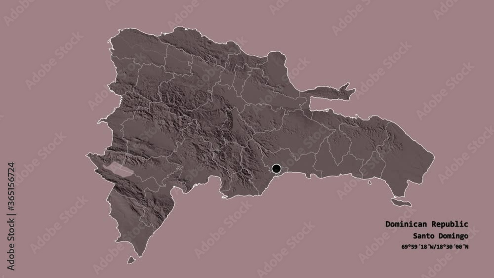 Sánchez Ramírez, province of Dominican Republic, with its capital, localized, outlined and zoomed with informative overlays on a administrative map in the Stereographic projection. Animation 3D Sánchez Ramírez, province of Dominican Republic, with its capital, localized, outlined and zoomed with informative overlays on a administrative map in the Stereographic projection. Animation 3D