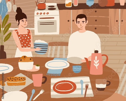 Smiling woman serving dining table vector flat illustration. Happy couple eating together at home kitchen. Cute family enjoying lunch or dinner at cuisine. Housewife putting dish with delicious meal