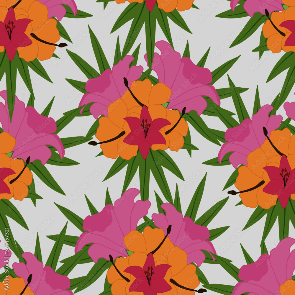 colorful tropical vector flowers in a seamless pattern design