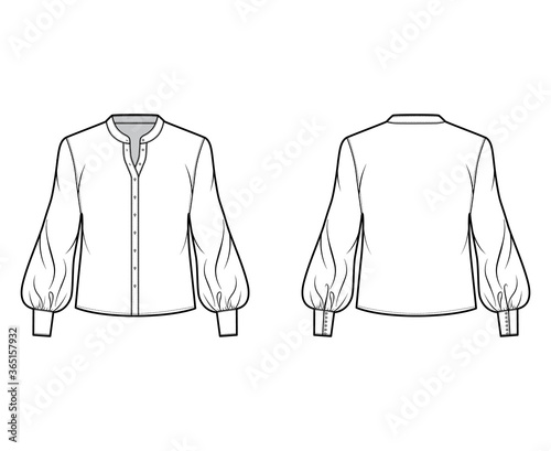 Blouse technical fashion illustration with curved mandarin collar, long bishop sleeves with cuff, oversized body. Flat apparel shirt template front back, white color. Women, men, unisex top CAD mockup