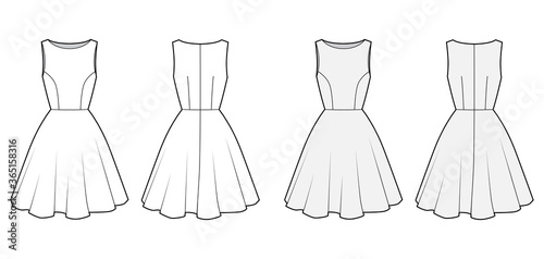 Dress technical fashion illustration with fitted body, boat neck, sleeveless, semi-circular fullness, knee length. Flat apparel template front, back, white and grey color. Women, men unisex CAD mockup