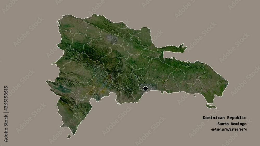 San Juan, province of Dominican Republic, with its capital, localized, outlined and zoomed with informative overlays on a satellite map in the Stereographic projection. Animation 3D San Juan, province of Dominican Republic, with its capital, localized, outlined and zoomed with informative overlays on a satellite map in the Stereographic projection. Animation 3D