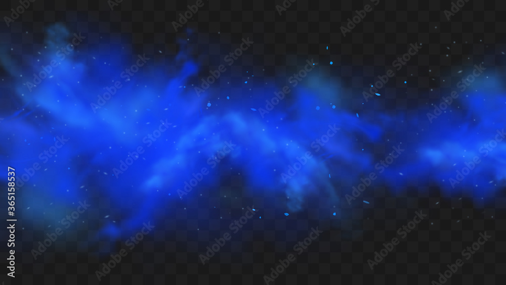 Obraz premium Blue smoke isolated on dark transparent background. Realistic blue magic mist cloud, chemical toxic gas, steam waves. Realistic vector illustration