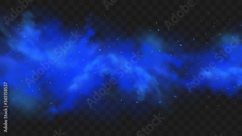 Fototapeta Naklejka Na Ścianę i Meble -  Blue smoke isolated on dark transparent background. Realistic blue magic mist cloud, chemical toxic gas, steam waves. Realistic vector illustration