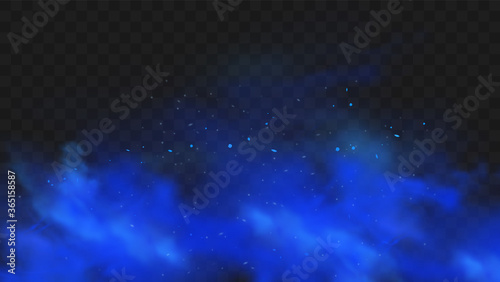 Blue smoke isolated on dark transparent background. Realistic blue magic mist cloud, chemical toxic gas, steam waves. Realistic vector illustration