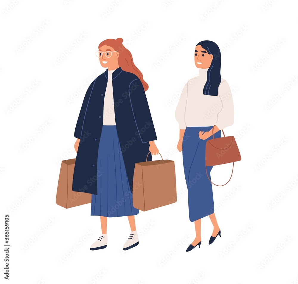 Fashion women shopping together. Modern young customers hold bags, shoppers with purchases dressed in trendy clothes. Sale time in flat cartoon vector illustration isolated on white background Fashion women shopping together. Modern young customers hold bags, shoppers with purchases dressed in trendy clothes. Sale time in flat cartoon vector illustration isolated on white background