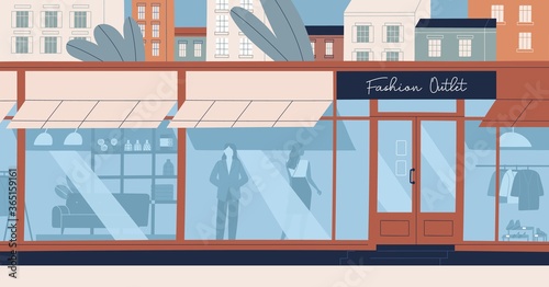 Fashion outlet, mass market apparel store, trendy clothing boutique, front facade of shopping center. Women, buyers or customers inside modern city building. Flat cartoon colored vector illustration