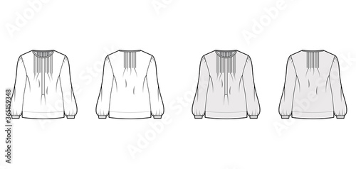 Pintucked top technical fashion illustration with oversized body  banded henley collar  long sleeves. Flat blouse apparel template front  back  white grey color. Women  men unisex shirt CAD mockup 