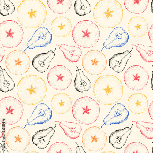 Vector seamless pattern with pears, cutaway fruits, slices. Illustration with pattern for fabric or packaging, wrapping paper or kitchen design.