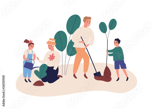 Grandmother with grandchildren plant a garden. Save ecology concept, environment help. Family dig, plant, water, spend time outdoors. Flat vector cartoon illustration isolated on white background