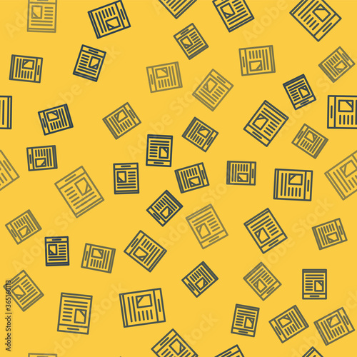 Blue line Newspaper advertisement displaying obituaries icon isolated seamless pattern on yellow background. Vector.
