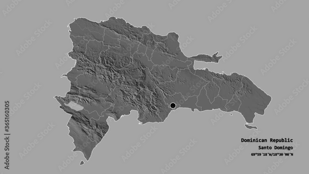 Santo Domingo, province of Dominican Republic, with its capital, localized, outlined and zoomed with informative overlays on a bilevel map in the Stereographic projection. Animation 3D Santo Domingo, province of Dominican Republic, with its capital, localized, outlined and zoomed with informative overlays on a bilevel map in the Stereographic projection. Animation 3D
