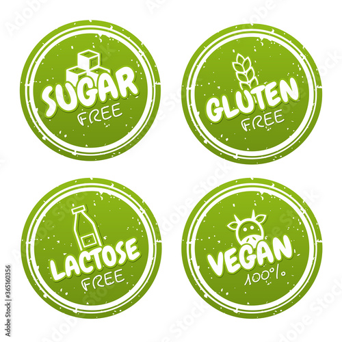 Vegan badges. Gluten, lactose, sugar free logo design templates. Healthy and natural.