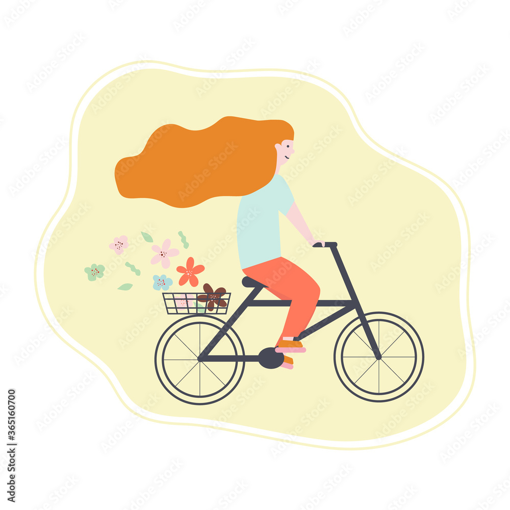 Young woman rides a Bicycle, her hair grows long and flowers fly from a basket on the trunk. Funny and cute flat illustration. Young woman rides a Bicycle, her hair grows long and flowers fly from a basket on the trunk. Funny and cute flat illustration.