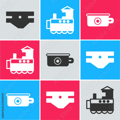 Set Baby absorbent diaper, Toy train and Baby potty icon. Vector.