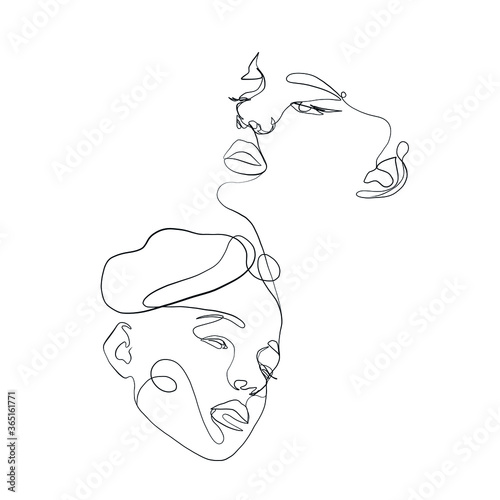 Painting one line young woman or girl portrait face, beauty single icon, simple fashion logo, continuous hand drawing art. Female carton figure isolated on white background.
