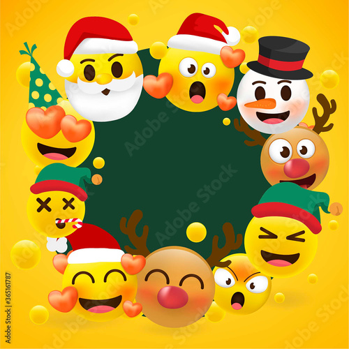 Holiday set of Christmas face icons with different emotions. Vector illustration.