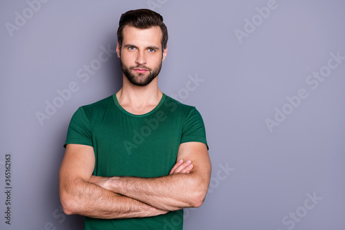 Portrait of serious guy executive chief cross hands ready decide choose decision choice wear casual style clothes isolated over gray color background