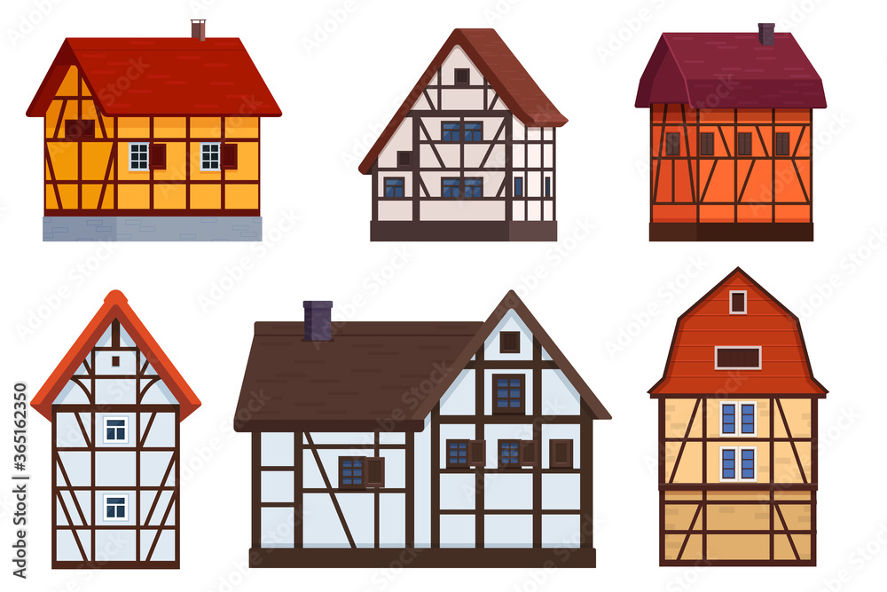 Set of different half timbered houses on white background