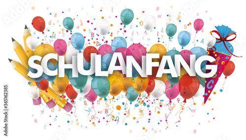 Schulanfang Banner mit bunten Luftballons, Konfetti und einen Schultüte