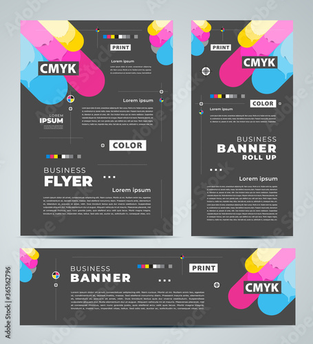 Print cmyk polygraphy theme Set flyer cover, banner, roll up banner