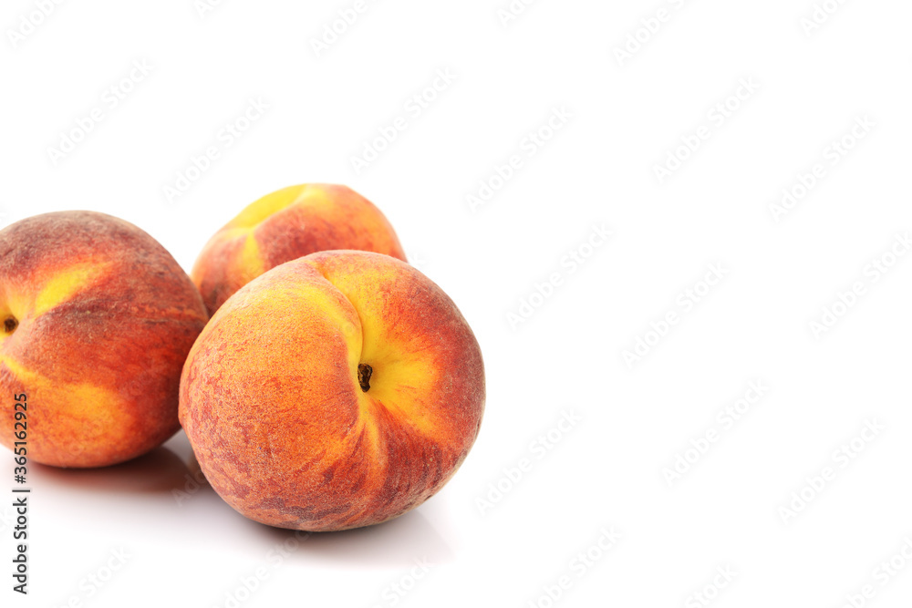 ripe peaches close-up, white isolated background, horizontal view ripe peaches close-up, white isolated background, horizontal view