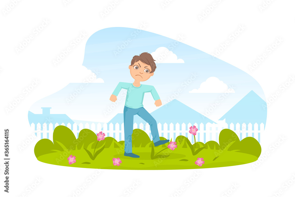 Bully Boy Treading Down Flowers in Meadow, Kids Aggressive Behavior Cartoon Vector Illustration
