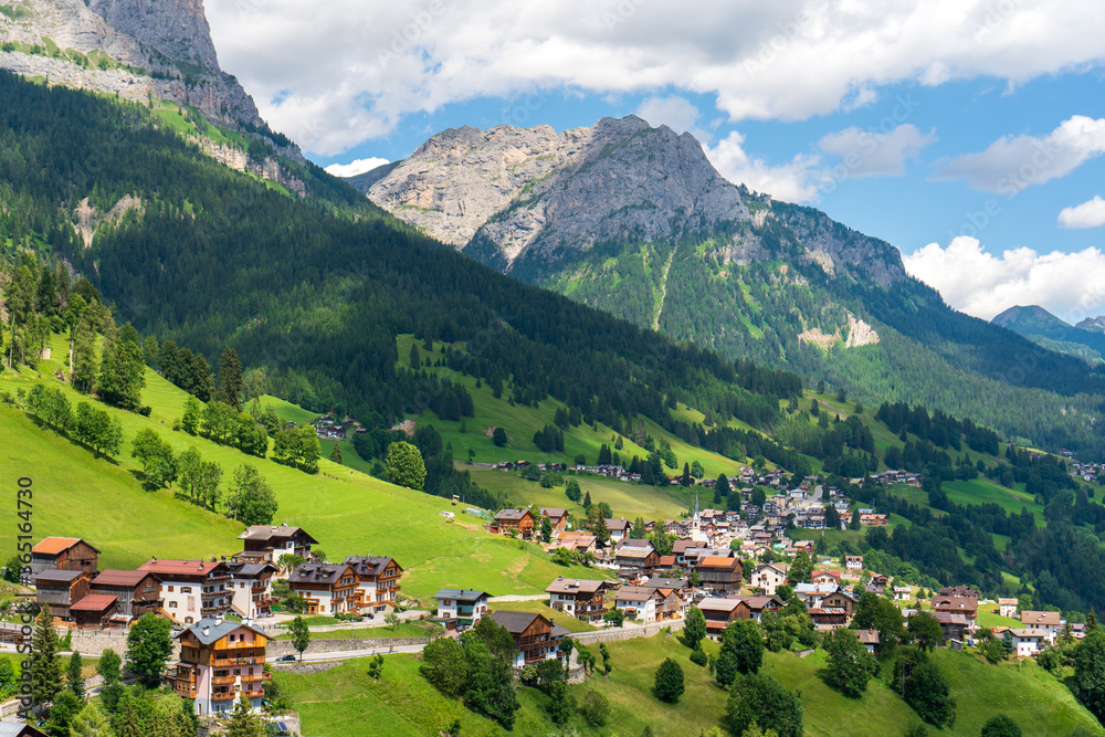 Dolomites town village in valley in North Italy, selva di cadore and santa fosca