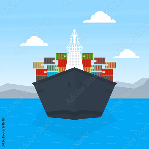 Front View of Cargo Ship Container, Maritime Shipping Freight Transportation, Cargo Logistics Flat Vector Illustration