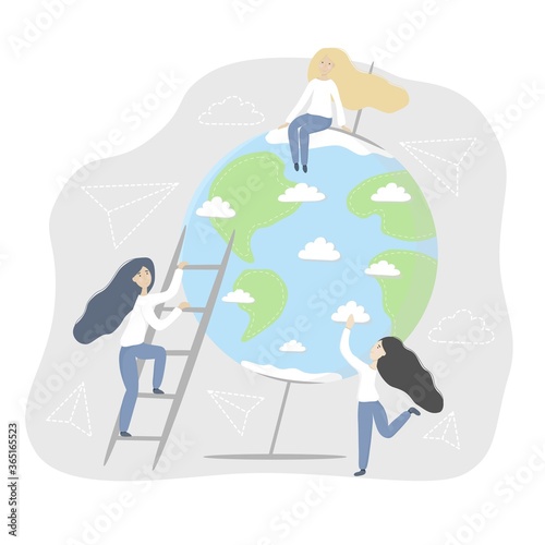 Vector flat design little people around big globe of planet Earth, smiling cartoon girls with long hair, in blue pants. Geography class in school, education concept, isolated on white background