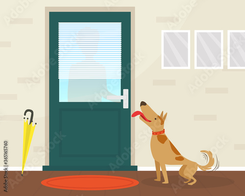 Cute Happy Dog Meeting its Owner at the Door Flat Vector Illustration