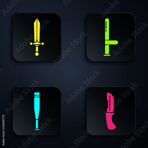 Set Military knife, Medieval sword, Baseball bat and Police rubber baton. Black square button. Vector.