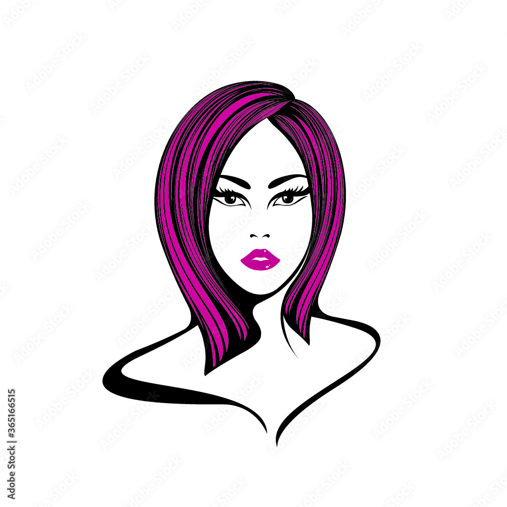 Beautiful woman with elegant hairstyle and makeup.Fashion, cosmetics, beauty salon and spa icon.Young lady face.Front view portrait.Dyed hair.Pink lipstick. Beautiful woman with elegant hairstyle and makeup.Fashion, cosmetics, beauty salon and spa icon.Young lady face.Front view portrait.Dyed hair.Pink lipstick.