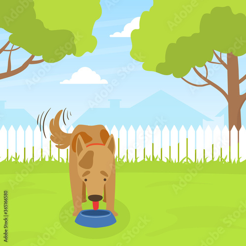 Cute Dog Eating Dog Food on Lawn in Backyard on Beautiful Summer Landscape Flat Vector Illustration
