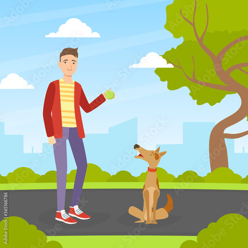 Young Man Walking and Playing Ball with Dog in Park in Sunny Day, Summer Outdoor Activities with Pet Flat Vector Illustration