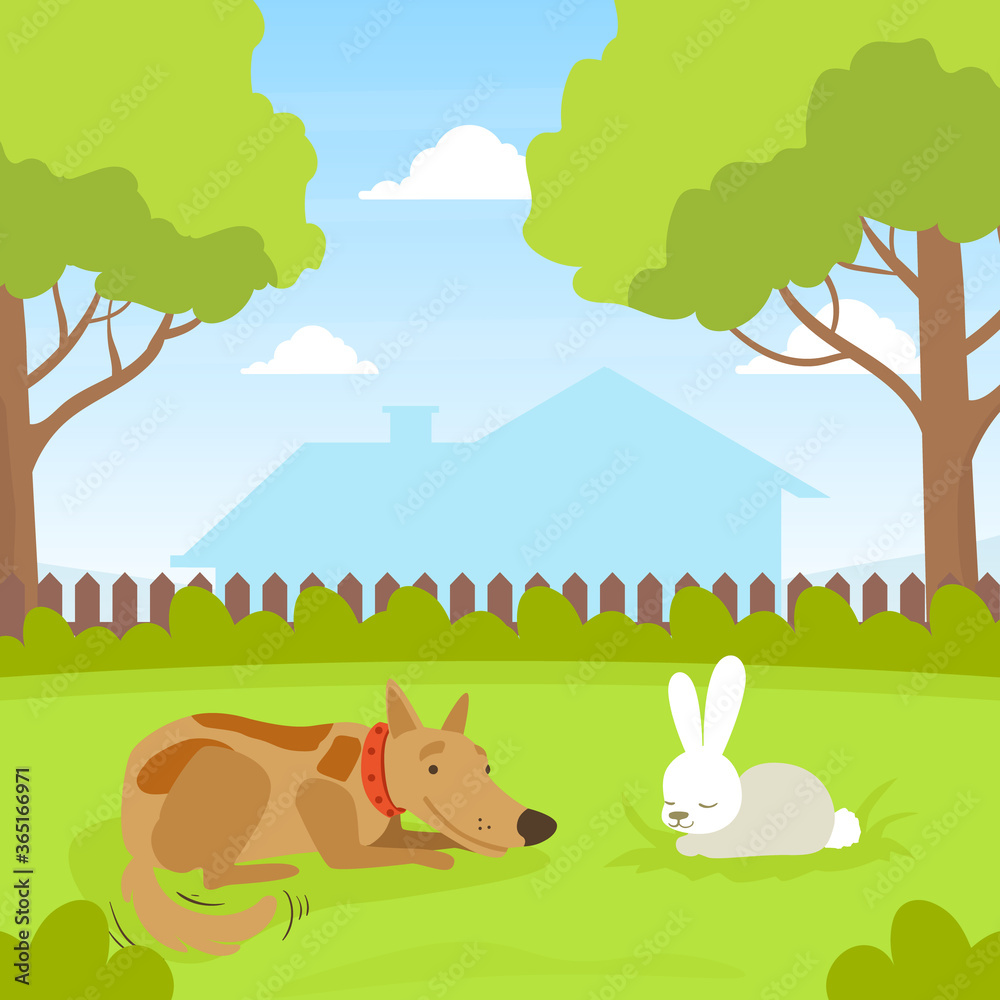 Cute Dog Looking at White Rabbit Sitting on Lawn in Backyard, Beautiful Summer Landscape Flat Vector Illustration